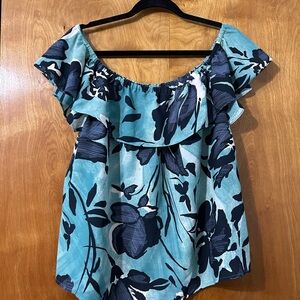 Maeve Aqua Off-Shoulder Floral Ruffle Tunic